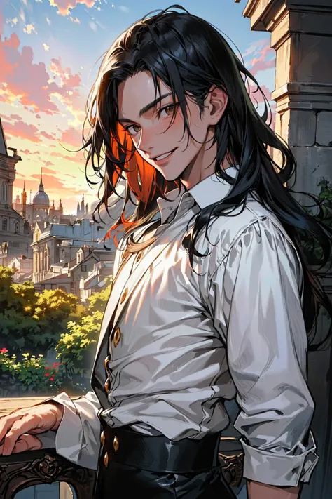 absurdres, (great composition), <lora:add_detail:-0.8>, 1man, solo, adult, handsome, dynamic angle, dynamic lighting, well-built, olive skin, refined, <lora:handsome_male-02:0.8>, handsome_male,
long black hair, large 18th-century baroque mansion, garden, nobleman, aristocratic, elegant, neat, graceful, sunset, scenery, smile