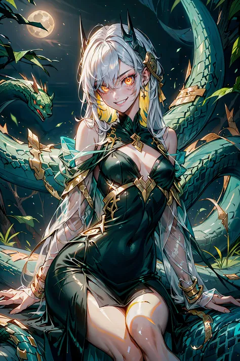 (masterpiece, best quality), 1 girl, solo, yellow eyes, glowing eyes:1.4, slit pupils, constricted pupils:1.2, sitting, white hair, long hair, evil grin, small breasts, Haute_Couture dress, golden detail, patterned clothing:1.3, shiny detail, skirt, thighs, dramatical background, detail background, fantasy world, monster, (serpent), night sky, moonlight, forest, aura, cowboy shot, <lora:Haute_Couturev2:0.75>, <lora:GlowingRunesAI:0.5>,