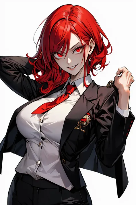 (masterpiece, best quality), 1lady, solo, makima from chainsaw man, red eyes, big breasts, red hair, demonic smile, business suitb, black jacket, dark slacks