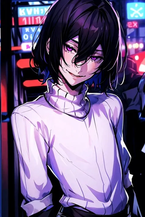 fyodor, 1boy, solo, ribbed sweater, black hair, magenta eyes, smile, head tilt, waist-up, city, depth of field, <lora:Fyodor_v9:0.85>