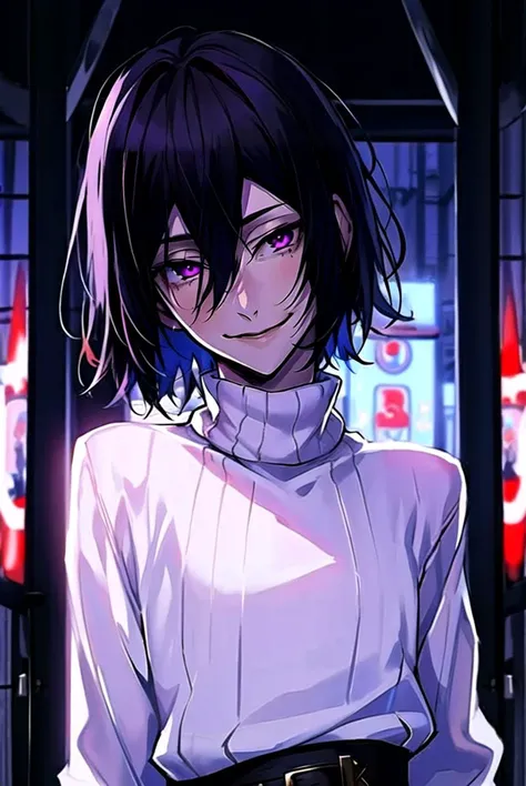 fyodor, 1boy, solo, ribbed sweater, black hair, magenta eyes, smile, head tilt, waist-up, city, depth of field, <lora:Fyodor_v9:0.85>