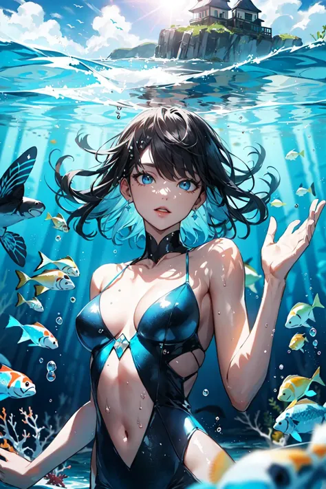 (masterpiece:1.2, best quality), ultra detailed, Ultra-precise depiction, Ultra-detailed depiction, 1milf, wide hips, (upper body:1.15), Dynamic pose
mystical underwater world, with colorful coral and sea creatures. The sky is a deep shade of blue, and sunlight filters down through the water, creating a dreamy effect. In the foreground, a school of fish with shimmering scales swim lazily by, their movements creating a mesmerizing effect. A sea turtle with a patterned shell glides past, its eyes wise and serene. The scene captures the beauty and mystery of the ocean depths.