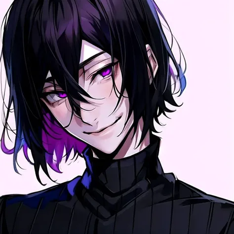 fyodor, 1boy, solo, ribbed sweater, black hair, magenta eyes, smile, head tilt, upper body, <lora:Fyodor_v9:0.85>