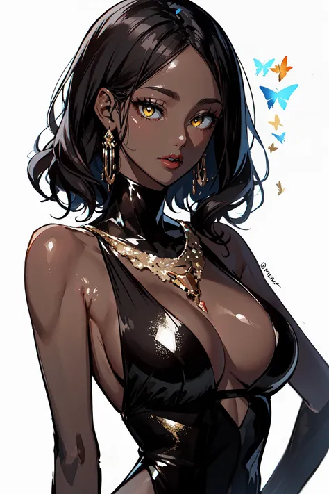 (masterpiece:1.2, best quality), ultra detailed, Ultra-precise depiction, Ultra-detailed depiction, (1milf, solo:1.2), (shiny skin, darkskin), black dress, Sahara Desert, black hair, jewellery, gold ornament, white background, close-up, upper body, yellow eyes, big breasts, fluttering hair