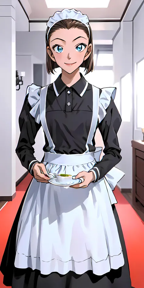 masterpiece, best quality, high resolution, high detailed eye, sonoko, (distinct_image), ((1girl, solo)), blue eyes, screencap, brown hair, short hair, <lora:sonoko-22:0.7>, smile, hair band, <lyco:GoodHands-beta2:1>, full body, standing, teen, model pose, simple background, pretty eyes, forehead, symmetrical eyes, <lora:TraditionalMaid:1>, maid dress, maid