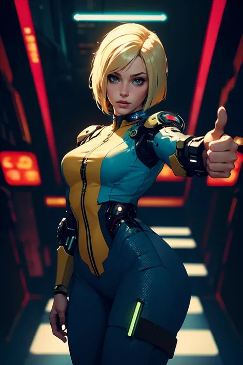 highres, masterpiece, realistic, perfect lighting, bloom, cinematic lighting, adult, female, looking at viewer, (cyberpunk, cybernetic:1.2), <lora:vault-girl:0.8> vault-girl, thumbs up