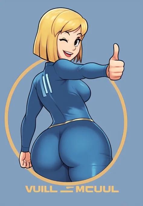 <lora:vault-girl:0.8>, vault-girl, 1girl, solo, smile, open mouth, medium breasts, ass, one eye closed, looking back, from behind, bodysuit, blue background, skin tight, cropped legs, thumbs up