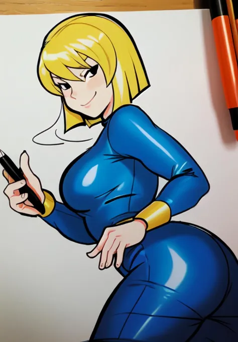 Damian Wayne(aka Robin/Son-of-Batman) transformed into a female blonde bimbo with gigantic breasts with ????? nipples and thick lips and is dressed as a maid.