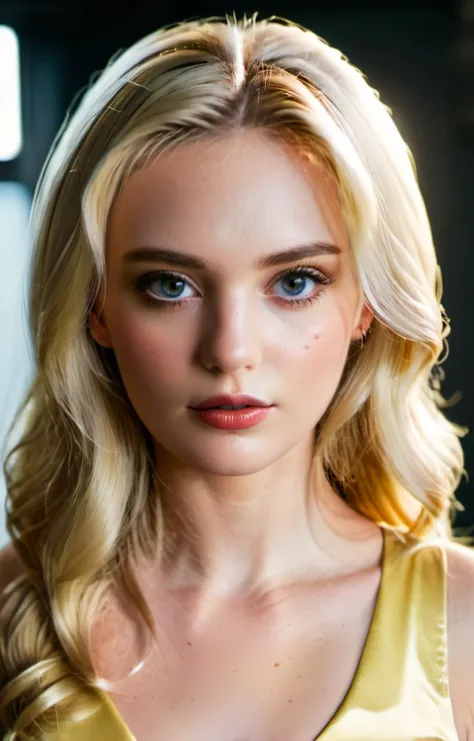 beautiful woman,Pale Yellow dress,photography studio,head shot,masterpiece,<lora:Jenn4More:0.8>,Jenn4More,1girl,blonde hair, Thorough,analog style,eye focus,highest quality,(highly detailed skin),perfect face,skin pores,(bokeh:0.6),sharp focus,dappled lighting,(backlighting:0.7),film grain,photographed on a Sony A7R IV,18mm F/1.7 cine lens,(highly detailed, intricately detailed),8k,HDR,front view,(upper body:0.9), Hyperrealistic art cinematic film still photography in the style of detailed hyperrealism photoshoot,RAW,color graded portra 400 film,remarkable color,realistic dull skin noise,Thorough,analog style,highest quality,skin pores,sharp focus,dappled lighting,film grain,photographed on a Sony A7R IV,18mm F/1.7 cine lens,(highly detailed, intricately detailed),8k,HDR,