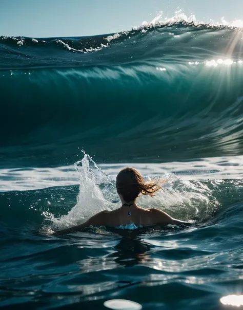 cinematic photo woman swimming in arctic sea tsunami waves . 35mm photograph, film, bokeh, professional, 4k, highly detailed