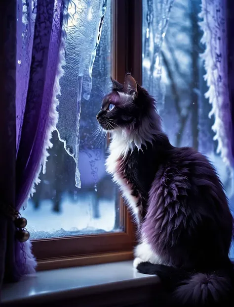 Dreamscape photo, dark theme,
small helpless creature (woman:.7:cat:0.4) on window sill, ice on window glass,
fluffy curtains, cat looking to viewer
violet color of furry . Surreal, ethereal, dreamy, mysterious, fantasy, highly detailed