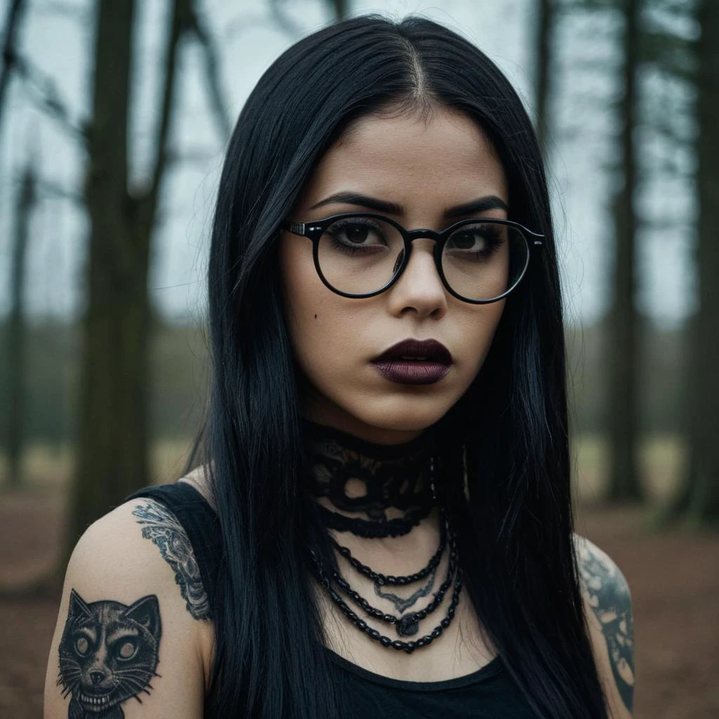 (Gothic horror science fiction style:1.5) (very close shot, zoomed-in face portrait:1.5) photo of a thinking, (closed mouth:1.5) romantic shy fit (hipster with tattoos and glasses:1.1) 23 year old (Ugandan:1.ung woman with long black hair, brown eyes, (makeup, eyeliner, eyeshadow, lipstick:0.9), (pores:0.5), (goosebumps:0.5), (film grain:0.9).
She is in a (gothic horror scifi:1.1) (ruined spooky:1.1) park, (dark:1.1), (dim:1.1), (gloomy:1.1), evening, foggy.
detailed skin texture, detailed cloth texture, detailed face, (intricate sharp details:1.1), ultra high res