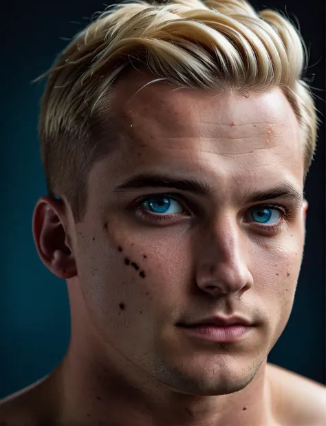 cinematic photo photo, dark theme, worms eye view,
man with scars , blonde side buns, blue eyes,
non shaved cheeks, looking to viewer . 35mm photograph, film, bokeh, professional, 4k, highly detailed