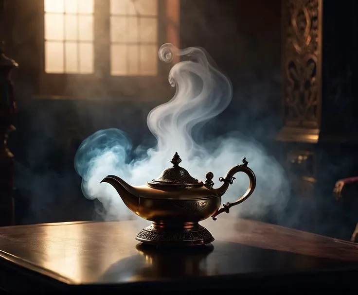 cinematic photo mist rises from aladdin's magic lamp in the room and becomes a ghost . 35mm photograph, film, bokeh, professional, 4k, highly detailed