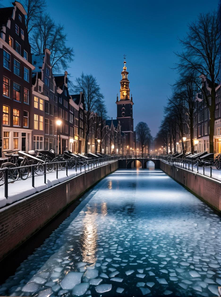 cinematic photo amsterdam covered with glace ice, heavy winter landscape, . 35mm photograph, film, bokeh, professional, 4k, highly detailed