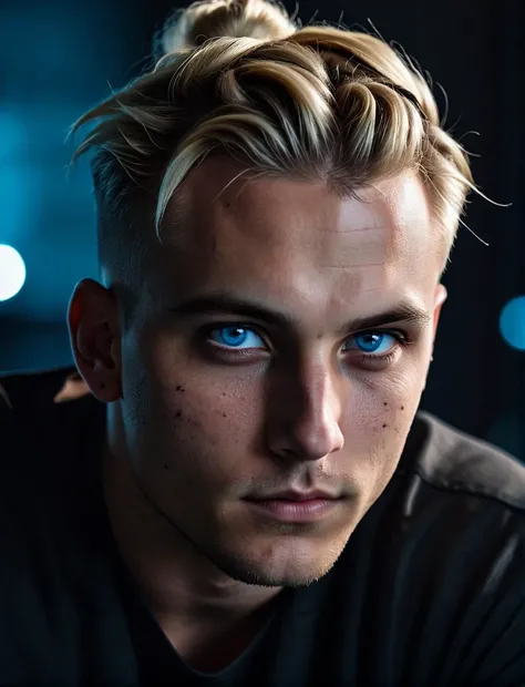 cinematic photo photo, dark theme,
man with scars , blonde side buns, blue eyes,
non shaved cheeks, looking to viewer . 35mm photograph, film, bokeh, professional, 4k, highly detailed