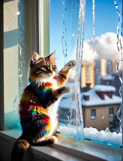 Super Mario style photo, dark theme,
small helpless creature (woman:.7:cat:0.4) on window sill, ice on window glass,
fluffy curtains, cat tearing curtain with claws rainbow_color of furry . Vibrant, cute, cartoony, fantasy, playful, reminiscent of Super Mario series