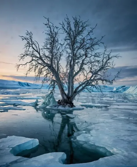 tree in arctic ice landscape