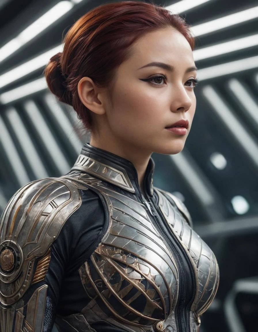 (close shot, zoomed in face portrait:1.3) (space Roman classical science fiction style:1.3) photo of a pondering, (closed mouth:1.5) romantic gorgeous ite 24 year old (Chinese:1.3) (fitness:1.3) woman with short maroon hair, black eyes, (huge breasts:1.3), big ass, (makeup, eyeliner, eyeshadow, lipstick:1.1), (pores:0.3), (goosebumps:0.5), (film grain:0.7).
She is wearing futuristic scifi (zebra print lace negligee, closed-toe platform heels:1.1).
She is slutty dancing facing away from camera, in a (futuristic high tech office:1.1), morning, sunny.
cinematic lighting, vibrant colors, detailed skin texture, detailed cloth texture, beautiful detailed perfect face, (intricate sharp details:1.5), ultra high res