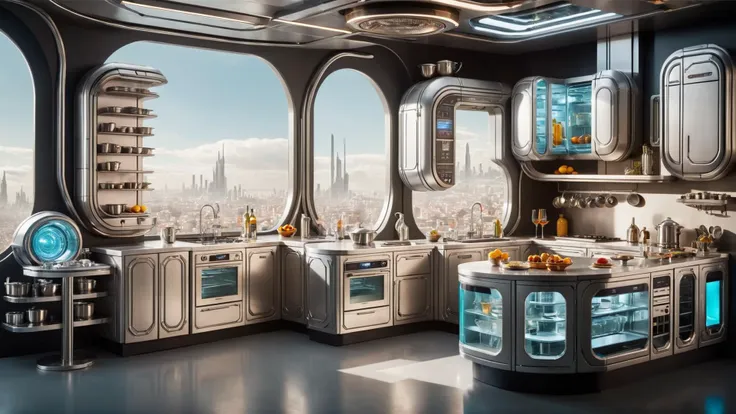 (space opera science fiction style:1.3) street scene photo of a (futuristic high tech kitchen:1.1), afternoon, sunny.
(intricate sharp details:1.5), ultra high res, vibrant colors