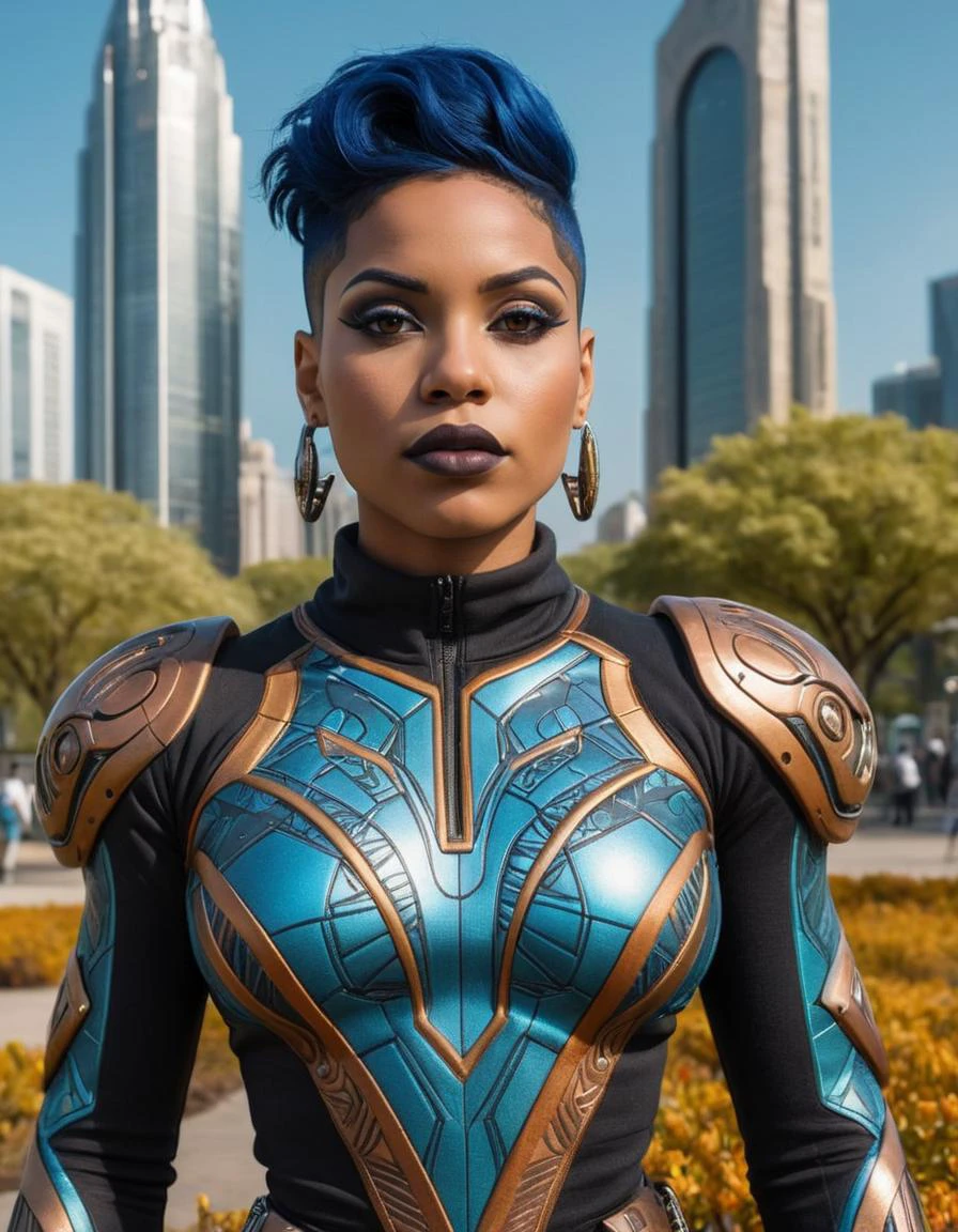 (medium shot, upper body portrait:1.3) (Afrofuturism science fiction style:1.3) photo of a thinking, (closed mouth:1.5) slutty pretty bodybuilder 29 year old (Ghana:1.3) (punk with tattoos:1.3) woman with (dark skin:1.3), short blue hair, brown eyes, (huge breasts:1.3), large ass, (makeup, eyeliner, eyeshadow, lipstick:1.1), (pores:0.3), (goosebumps:0.5), (film grain:0.7).
She is wearing futuristic scifi (tan wool sweatshirt and jeans, high heeled boots:1.1).
She is seductively lying facing towards camera, in a (futuristic high tech city park:1.1), morning, bright.
cinematic lighting, vibrant colors, detailed skin texture, detailed cloth texture, beautiful detailed perfect face, (intricate sharp details:1.5), ultra high res