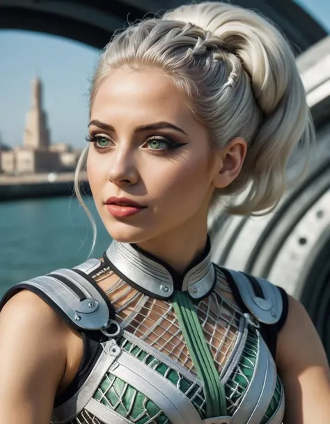 (close shot, zoomed in face portrait:1.3) (space Roman classical science fiction style:1.3) photo of a chuckling, (closed mouth:1.5) bored amateur muscular 26 year old (Yemen:1.3) (bohemian:1.3) woman with medium platinum hair, grey eyes, (medium breasts:1.3), large ass, (makeup, eyeliner, eyeshadow, lipstick:1.1), (pores:0.3), (goosebumps:0.5), (film grain:0.7).
She is wearing futuristic scifi (jade mesh dress with corset waist, boots:1.1).
She is slutty sitting facing diagonal to camera, in a (futuristic high tech waterfront:1.1), noon, sunny.
cinematic lighting, vibrant colors, detailed skin texture, detailed cloth texture, beautiful detailed perfect face, (intricate sharp details:1.5), ultra high res