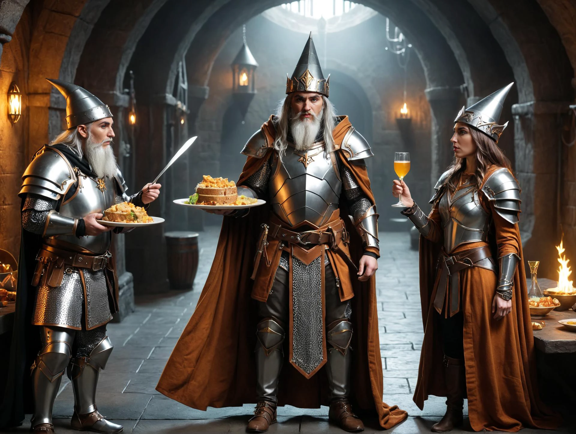 3 people, male human Wizard wearing robes and a wizard hat, female elf Rogue wearing leather armor, male dwarf Warrior wearing chain mail armor, in a dungeon, sharing food together, high fantasy style, Frazetta style, <lora:RMSDXL_Enhance:3>