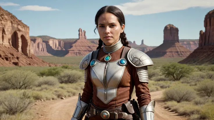 Cinematic Still, Establishing Shot, Moody Atmosphere, Rule of thirds composition, Layered Depth, Parallax Effect, Soft focus foreground, intricately detailed background, (Alien Anthropologist in the Wild West of a New World, Space Western:1.1), A woman, an anthropologist from Earth, finds herself in the equivalent of the Wild West on a newly discovered planet. She's dressed in a blend of Earthly field gear and adaptations from the local culture, taking notes and interacting with the alien inhabitants. Her role is that of a bridge between worlds, her curiosity and respect for the new culture clear in her demeanor.