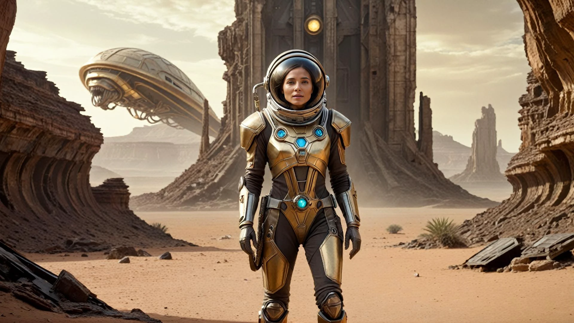 Cinematic Still, Establishing Shot, Moody Atmosphere, Rule of thirds composition, Layered Depth, Parallax Effect, Soft focus foreground, intricately detailed background, (Prospector Discovering Alien Ruins on a Desert Planet, Space Western:1.1), This scene shows a woman with a rugged explorer's outfit, standing at the entrance of ancient alien ruins discovered on a desert planet. Her tools and gadgets are a mix of old Earth tech and alien technology she's adapted to her needs. The excitement and awe on her face reflect the magnitude of her find, reminiscent of the gold rushes but in a cosmic setting.