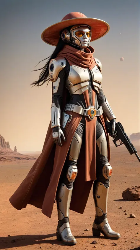 (Bounty Hunter at Dusk on a Martian Frontier, Space Western:1.3), A woman stands tall, cloaked in a dust-worn duster with a high-tech rifle slung over her shoulder. Behind her, the twin suns of a distant planet set, casting long shadows over the red, rocky terrain of Mars. Her face is partially obscured by a wide-brimmed hat, and her eyes gleam with determination. The scene blends the desolation of the American West with the alien landscape of Mars.