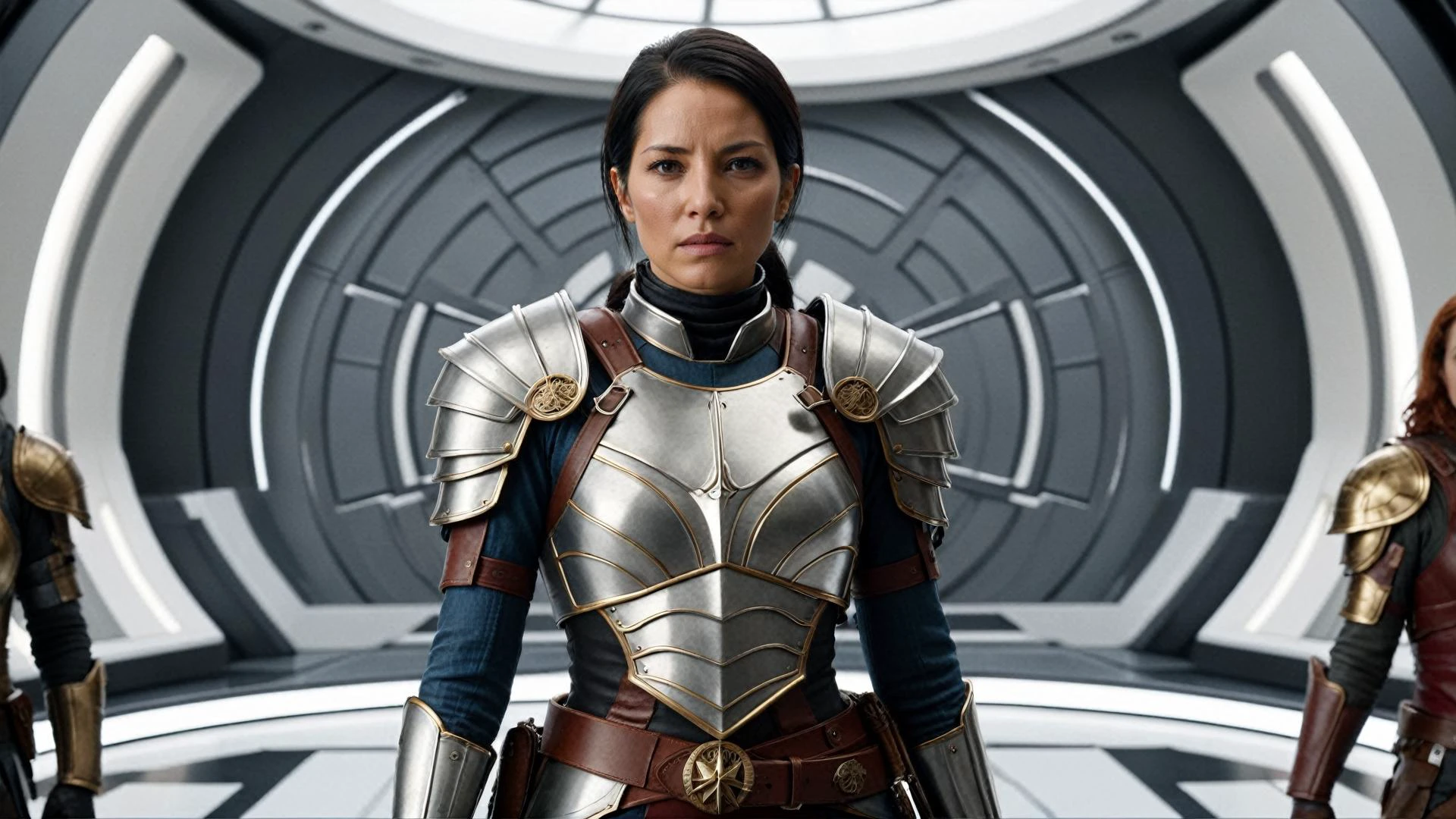 Cinematic Still, Establishing Shot, Moody Atmosphere, Rule of thirds composition, Layered Depth, Parallax Effect, Soft focus foreground, intricately detailed background, (Mercenary Leader Negotiating Peace on a Frontier Planet, Space Western:1.1), In a tense, standoffish scene, a female mercenary leader works to broker peace between rival factions on a frontier planet. She stands in a neutral zone, her posture commanding yet open to dialogue. Her attire is a mix of armor and traditional Western garb, indicating her readiness for both battle and diplomacy.