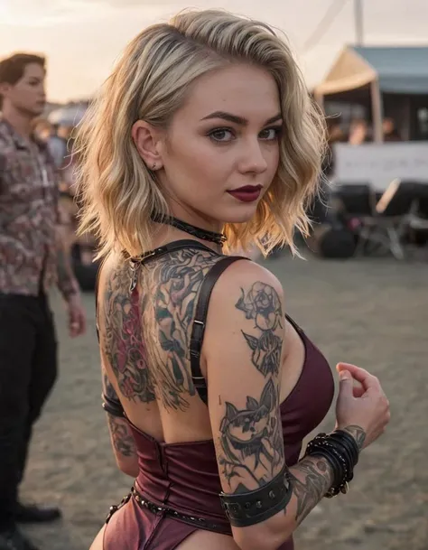 (medium shot, upper body:1.3) photo of a grinning, (perfect teeth:1.3) hopeful beautiful muscular young 22 year old (Islander:1.5) (punk:1.3) woman with medium blonde hair, grey eyes, (small breasts:1.3), big ass, (makeup, eyeliner, eyeshadow, lipstick:1.1), (pores:0.3), (goosebumps:0.5), (film grain:0.7), (tattoos:1.5).
She is wearing a (maroon silk dominatrix outfit, high heel sandals:1.1).
She is seductively standing, facing away from viewer, showing ass, looking over shoulder at viewer at a goth music festival, outside, stage and rock band in background, sunset.
detailed skin texture, detailed cloth texture, detailed face, (intricate sharp details:1.5), ultra high res <lora:LCMTurboMix_DPM_SDE_Karras:0.85>