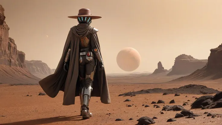 Cinematic Still, Establishing Shot, Moody Atmosphere, Rule of thirds composition, Layered Depth, Parallax Effect, Soft focus foreground, intricately detailed background,  (Bounty Hunter at Dusk on a Martian Frontier, Space Western:1.1), A woman stands tall, cloaked in a dust-worn duster with a high-tech rifle slung over her shoulder. Behind her, the twin suns of a distant planet set, casting long shadows over the red, rocky terrain of Mars. Her face is partially obscured by a wide-brimmed hat, and her eyes gleam with determination. The scene blends the desolation of the American West with the alien landscape of Mars.