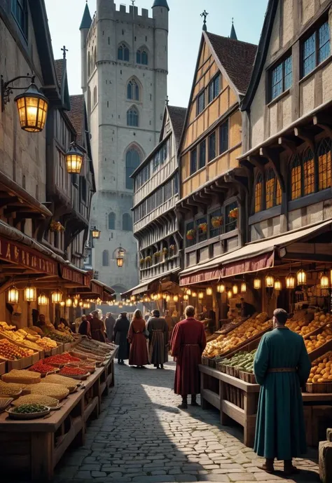 cinematic photo Medieval market of peasants in the middle of a strong fortress, England 17th century, in the style of Jan van Eyck, detailed landscape, vivid colour palette, precise depiction of architecture . 35mm photograph, film, bokeh, professional, 4k, highly detailed