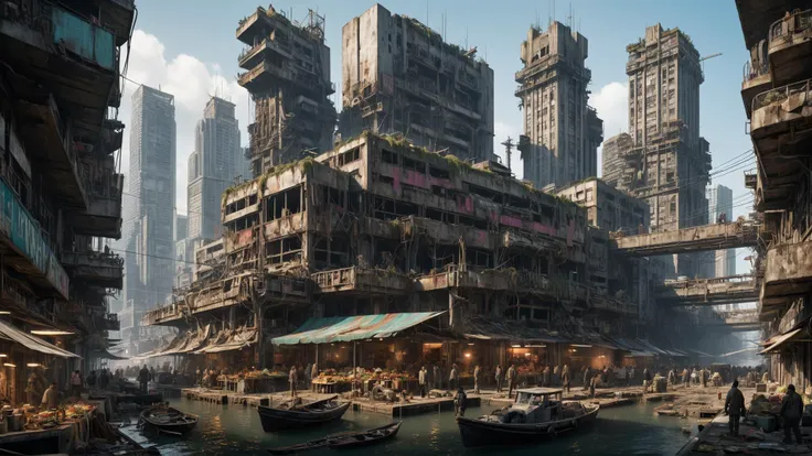 Street scene of a (Post-Apocalyptic:1.5) Cyberpunk waterfront market, reclaimed brutalism, people and boats, ruined skyscrapers.
(intricate sharp details:1.5), ultra high res, vibrant colors