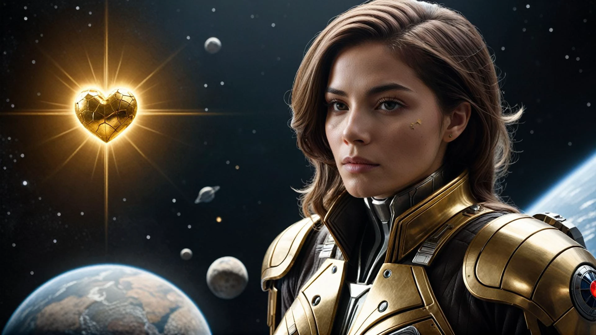 Cinematic Still, Establishing Shot, Moody Atmosphere, Rule of thirds composition, Layered Depth, Parallax Effect, Soft focus foreground, intricately detailed background, (Outlaw with a Heart of Gold in Asteroid Belt, Space Western:1.1), A notorious female outlaw, known for her sharpshooting and equally sharp wit, hides out in an asteroid belt. Her ship, camouflaged against a particularly large asteroid, serves as her hideout. She's depicted planning her next heist or perhaps sharing her stolen goods with those in need, showcasing her complex moral code.