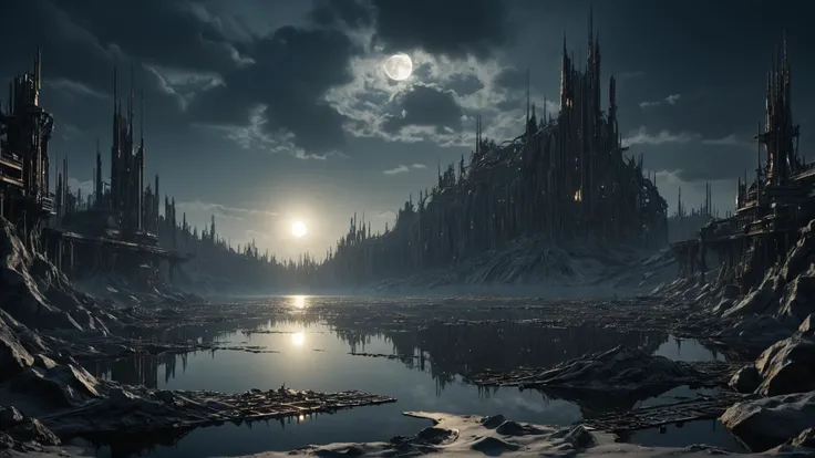 landscape scene of a (Dystopian:1.3) lake. midnight, sunny.
(intricate sharp details:1.5), ultra high res