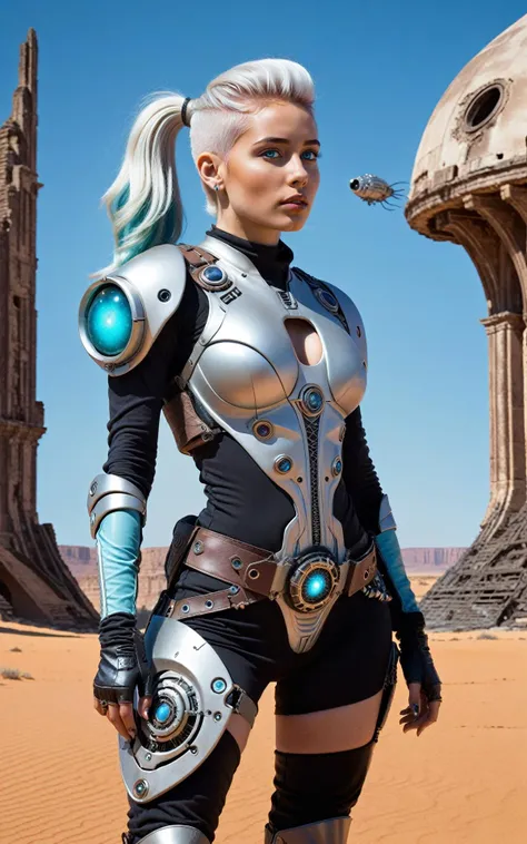 (futuristic dystopian, Space Western, Tech Noir, Steampunk style:1.4), (line art tattoo, punk rock hair:1.4) (wide shot standing in front of Ancient Alien Ruins:1.3), full body wide angle cinematic shot, (in front of entrance to ancient ruin), surreal purple sky, (standing woman looking at glowing Alien Artefact:1.3), (pale, 24 years old, large covered breasts, cleavage, skinny waist, young european woman, futuristic fashionista:1.5), (Ovalshaped face, luminous complexion, aqua+ almondshaped eyes, thin brows, small upturned nose, bowshaped lips:1.2), (white hair in ponytail:1.3), interplanetary explorer, (vast alien desert landscape), swirling redorange sands, two suns setting in the sky, ((futuristic explorer outfit)), lightweight yet durable, heatresistant material, sharp angular design, (vibrant shades of silver and blue), a variety of hightech gadgets attached to the belt, rugged boots, (dynamic pose bracing against a gust of sand), mysterious alien ruins visible in the far distance, a sense of awe and determination