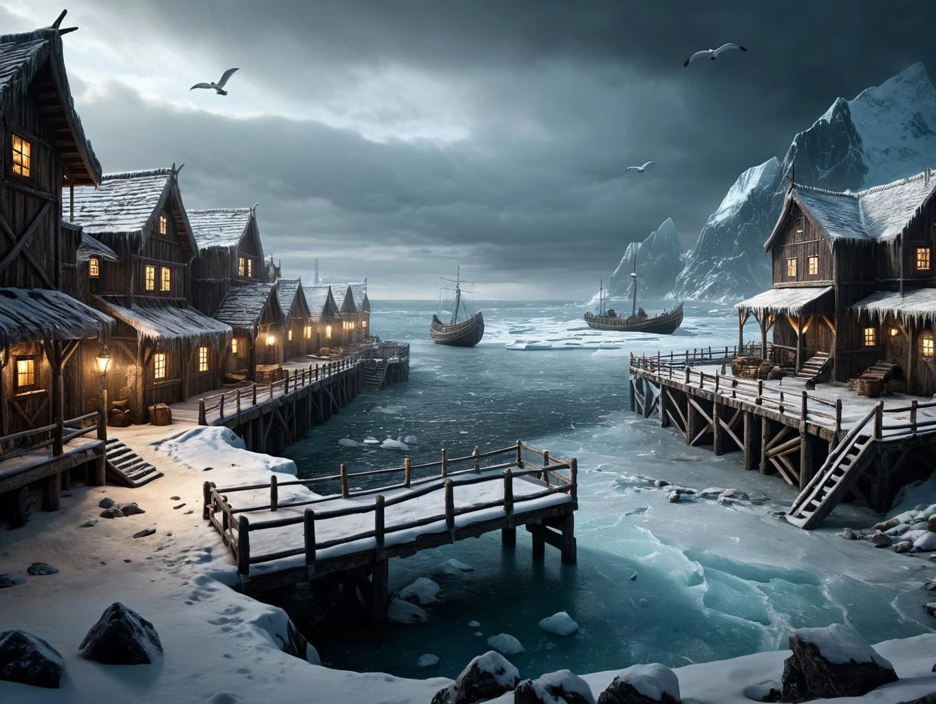 Horror-themed <lora:greg_rutkowski_xl_2:1> greg rutkowski cCinematic photography of full color fantasy dungeons and dragons masterpiece, medieval coastal town surrounded with wooden barricade, viking style, lit with torches, snow covered, minus grey, icy cold place, frozen sea with icebergs, flying seagulls, greg rutkowski style