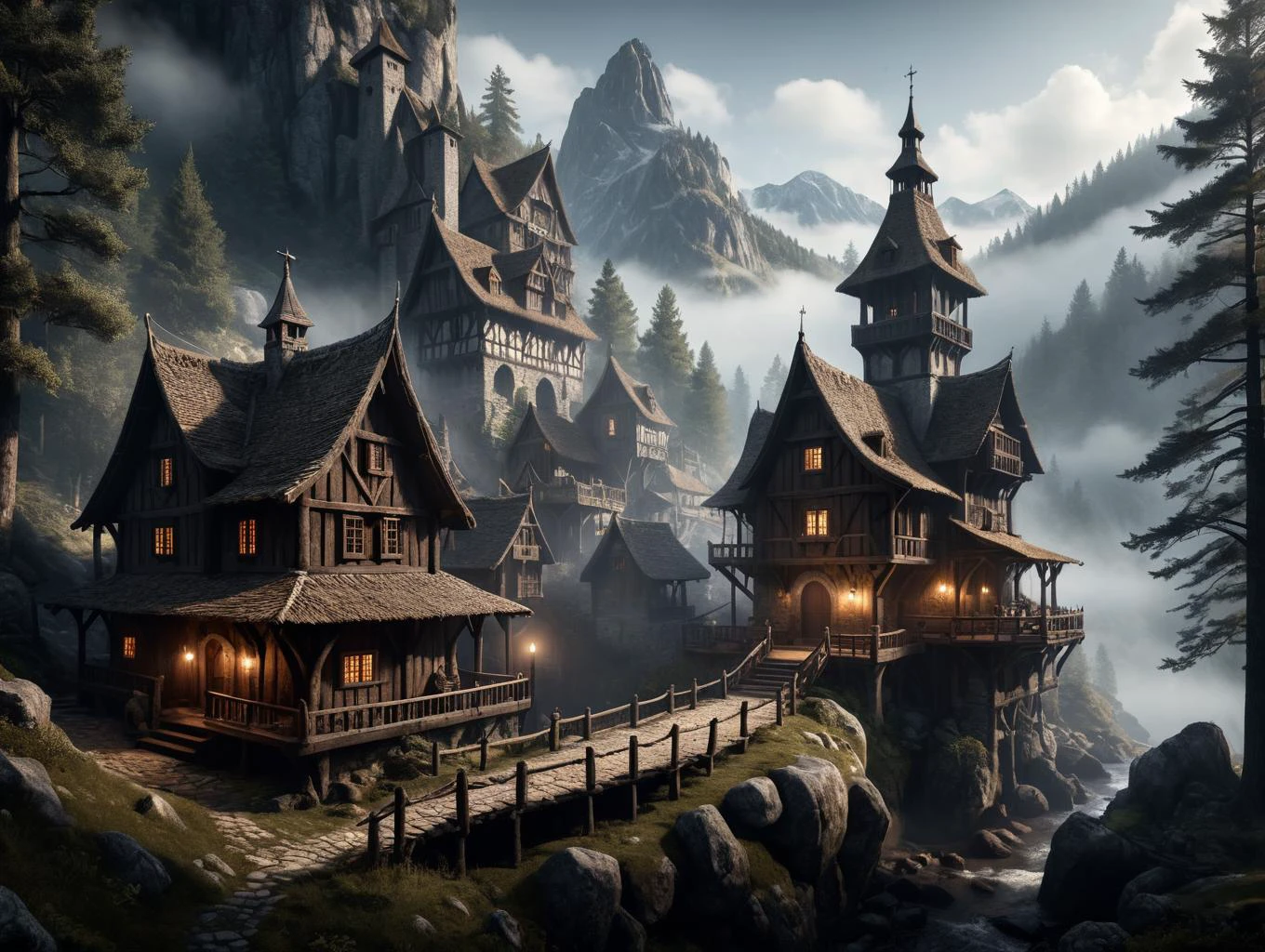 Horror-themed , A photorealistic still image in the style of Greg Rutkowski of a medieval, rustic hermit village deep in the pristine mountain forests. It is a rustic town with distinctly Iron Age architecture, misty mountain landscape with forest, intricate, shot, natural lighting and shadows, volumetric fog, a sense of darkness and foreboding, epic, mystical, dark,
<lora:add-detail-xl:1.4>, Ultra-HD-details, true to life, HDR image, High detail resolution, high detailed cloth, cinematic lighting, realistic, sharp focus, (very detailed), ((4K HQ)), depth of field, f/1.2, Leica, 8K HDR, High contrast, bokeh, realistic shadows, vignette, epic, . Eerie, unsettling, dark, spooky, suspenseful, grim, highly detailed