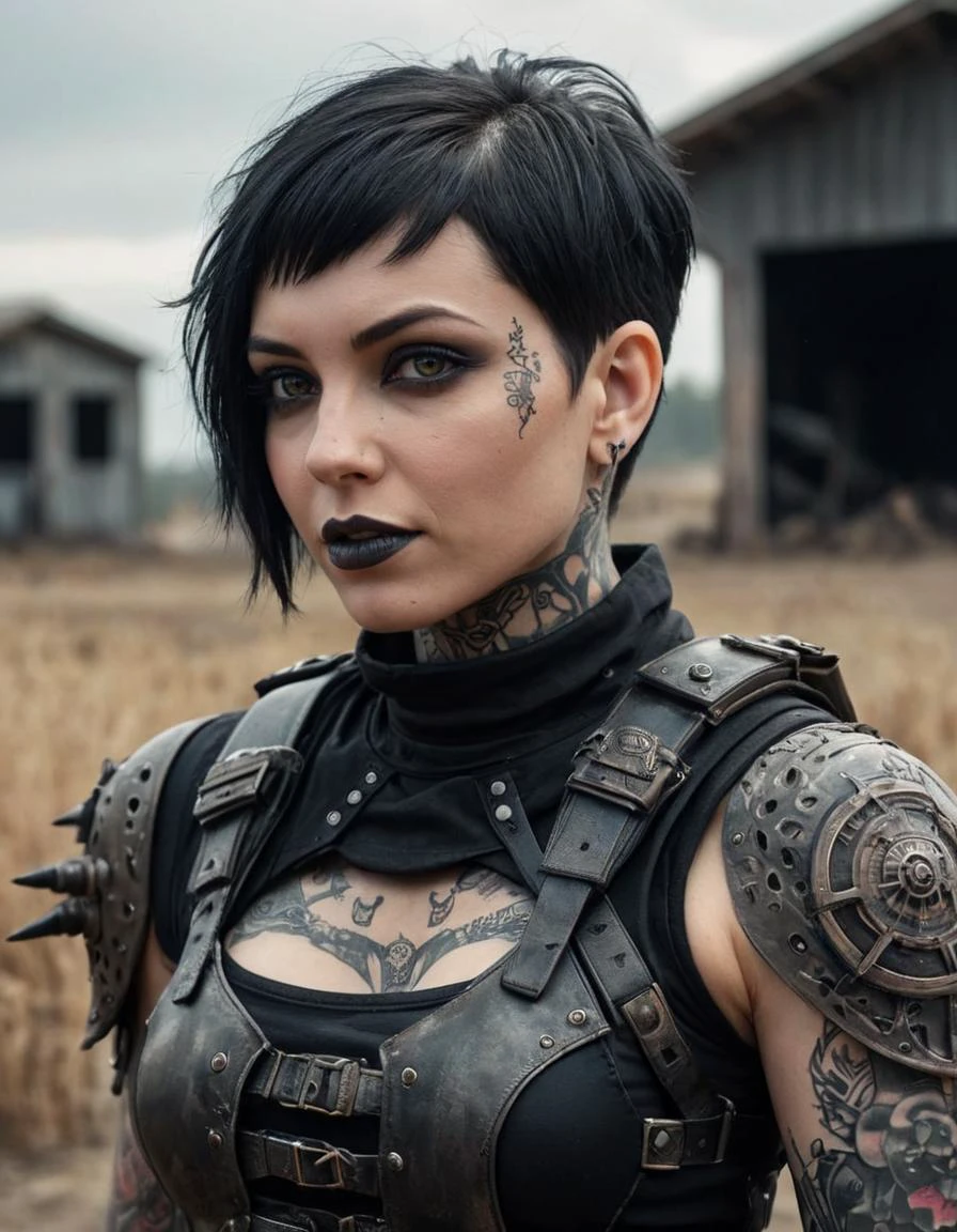 (close shot, zoomed in upper body portrait:1.3) (Post-Apocalyptic style:1.5) dystopian wasteland photo of a giggling, (closed mouth:1.5) hopeful beautiful muscular 29 year old (Ukrainian:1.5) (goth:1.3) woman with short black hair, hazel eyes, (medium breasts:1.3), large ass, (pores:0.3), (goosebumps:0.5), (film grain:0.7), (tattoos:1.5).
She is wearing a Post-Apocalyptic (jury-rigged makeshift armor, combat boots:1.1).
She is suggestively walking facing left, at a (Post-Apocalyptic:1.3) vineyard, evening.
detailed skin texture, detailed cloth texture, detailed face, (intricate sharp details:1.5), ultra high res