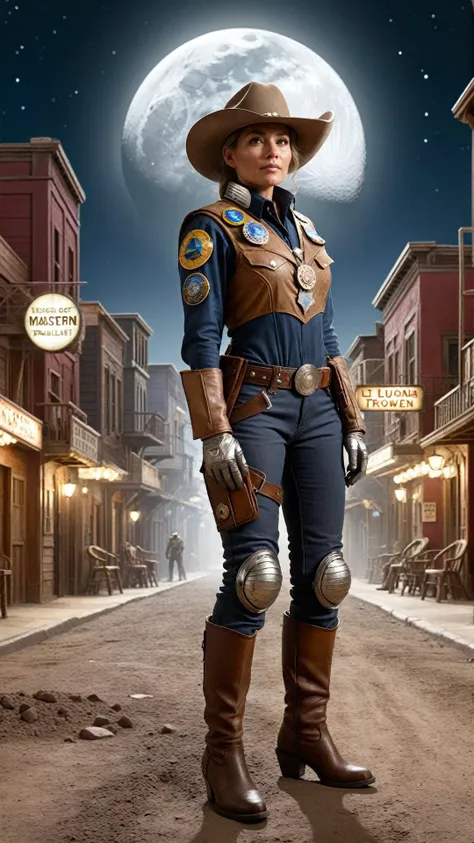 (Sheriff of a Lunar Town, Space Western:1.3), Imagine a small, dome-covered town on the moon's surface. The woman sheriff patrols the dusty streets, wearing a badge that sparkles under the Earthlight. Her outfit is a blend of traditional Western wear with modern, protective gear suitable for the lunar environment. She keeps peace among the town's diverse inhabitants, from miners to interstellar travelers.