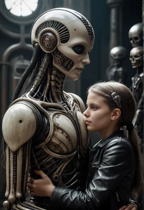 cinematic photo in the style of H.R. Giger, biomechanical elements, detailed shading, surreal atmosphere.
woman with eraserhead, hugging young boy . 35mm photograph, film, bokeh, professional, 4k, highly detailed