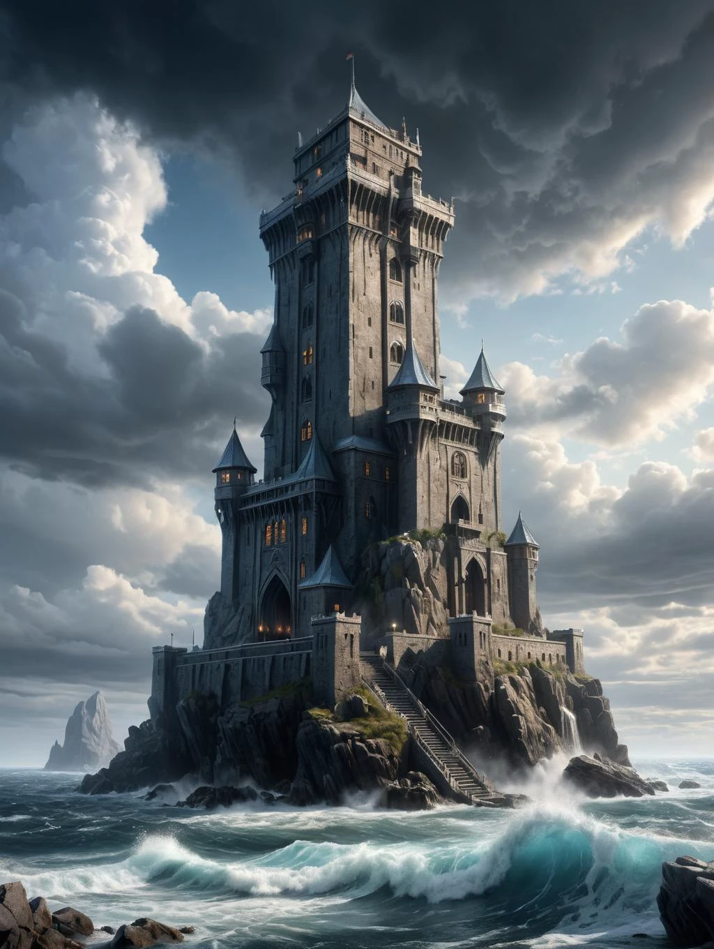 Hyperrealistic art , photorealistic image in the style of dungeons and dragons - revel's end, a huge, medieval, skyscraper-like (hexagonal tower built into the coastal cliff on a small island) prison in a glacial tundra. an imaginative and gothic exterior. it is a panoptic prison built into the cliffs of wind-breaking rock above the sea of shifting ice. it is stormy and icy on an eerie and starless night. a squall churns up the sea full of icebergs,
<lora:add-detail-xl:1.4>, Ultra-HD-details, true to life, HDR image, High detail resolution, high detailed cloth, cinematic lighting, realistic, sharp focus, (very detailed), ((4K HQ)), depth of field, f/1.2, Leica, 8K HDR, High contrast, bokeh, realistic shadows, vignette, epic, . Extremely high-resolution details, photographic, realism pushed to extreme, fine texture, incredibly lifelike