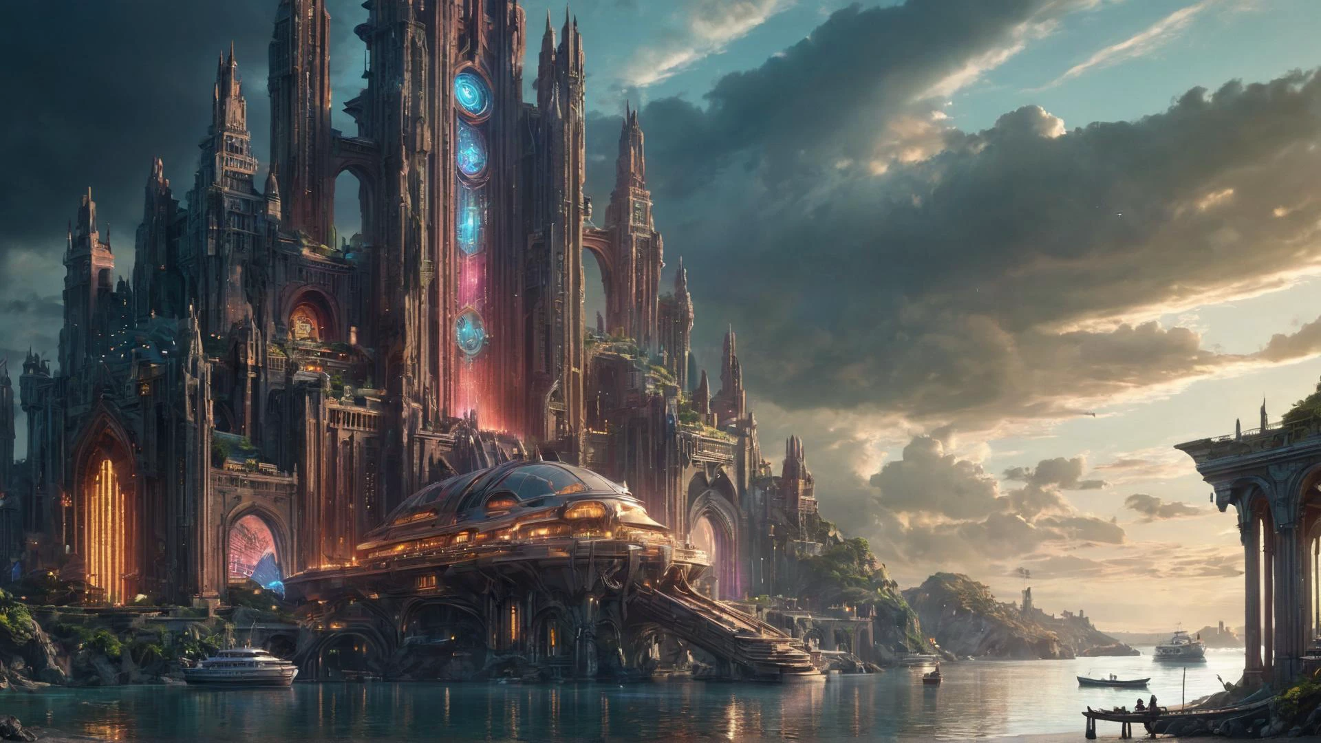 paradise topical,illustration,(city of desire and sex),fantasy,fantasy land,big lake,futuristic,(high quality:1.5),(highly detailed:1.5),Upgrade the overall image quality with attention to sharpness,clarity,and color balance,(improved image quality:1.5),optimize the lighting to create a more dramatic and atmospheric effect,(enhanced lighting:1.4),and ensure a cohesive and realistic appearance for the entire scene,(cohesive realism:1.3).,(atlantis),