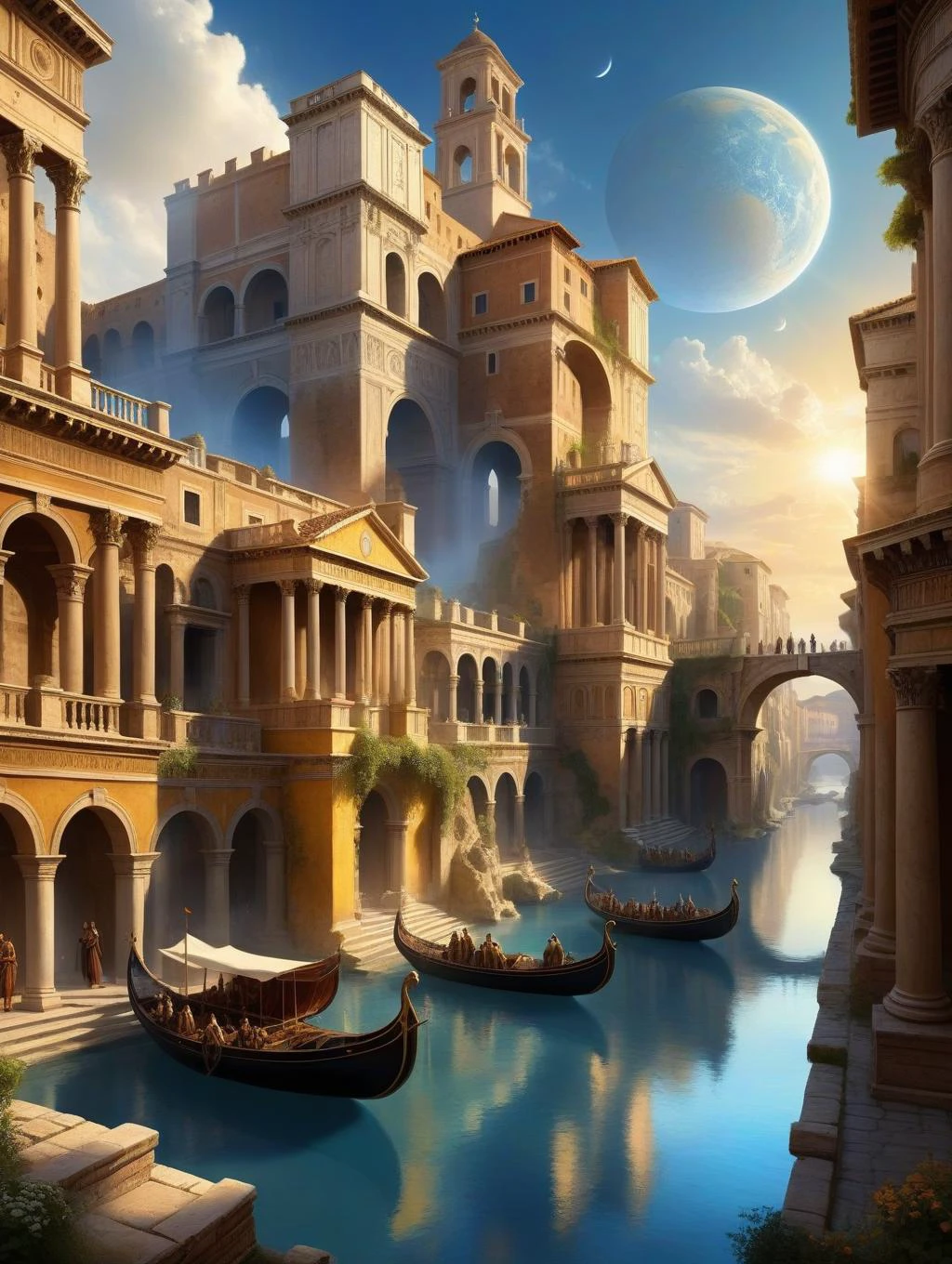 ethereal fantasy concept art of , Create an image, overlapping worlds, combining elements from ancient Rome, the Middle Ages and the present day, merging historical architecture, clothing, technology and lifestyles from these different eras, emphasizing the link between past and present, continuity and change in human history,, colors kept in brown, yellow, blue, . magnificent, celestial, ethereal, painterly, epic, majestic, magical, fantasy art, cover art, dreamy