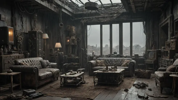 street scene of a (Post-Apocalyptic:1.3) living room. noon, raining.
(intricate sharp details:1.5), ultra high res