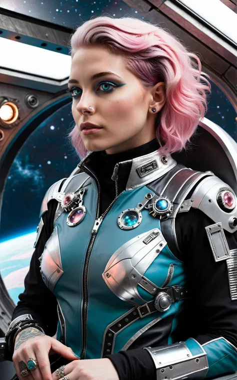 (futuristic dystopian, Space Western, Tech Noir, Steampunk style:1.4), (line art tattoo, punk rock hair:1.4) (over the shoulder:1.1), movie still, side view, spaceship cockpit, beautiful young skinny auburn caucasian adult woman sitting in spaceship cockpit looking over shoulder at viewer, glowing holographic instruments, (beautiful face:1.11), from behind, smart fabric jumpsuit:1.3, lightweight structured jacket with sharp geometric lines, utility belt, kneehigh boots, fingerless gloves, (large spaceship cockpit with highly polished flooring and stellar view), backlit hair, perfect face, (pale freckles:0.6), (black and silver accents), perfect eyes, (studio lighting:0.3), low key, thin pouting lips, (white bob hair, ombre++ hair:1.2), wide set soft+ turquoise++ eyes, skin pores, (small retrousse nose:1.2), (pale skin), ultra detailed, (Intricate Environment)++, best quality, masterpiece, dramatic angle, highest detailed face, eyelid shimmer makeup, silver eyeshadow, iridescent cheekbones, muted rose lips, deep space blue, BREAK, starlight silver, nebula pink, and black hole black, planetary rings, asteroid clusters, geometric shapes, angular contours, Holographic control panels, chiaroscuro effects, reflective surfaces, starfilled skies, distant galaxies, Chrome finishes, brushed steel, shimmering surfaces, iridescent materials, Minimalist design, clean lines, modernistic details, 8k, best quality, masterpiece, (large covered breasts:0.9)