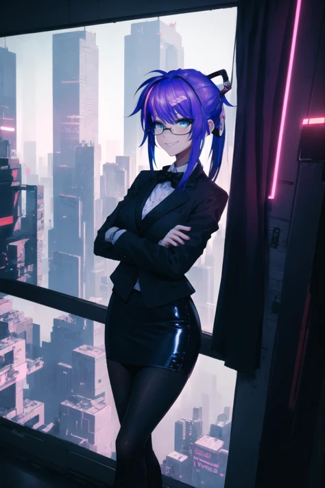 (best quality), indoors, office, open window, cityscape, (cyberpunk:1.2), 1girl, solo, ProjektMelodyOriginal, bandaid on nose, short hair, ponytail, hair ribbon, hairclip, medium breasts, <lora:ProjektMelodyOriginal_V1-Manityro:1.0>, looking at viewer, smug, smirk, (black tuxedo, pencil skirt:1.2), crossed arms, black-framed eyewear