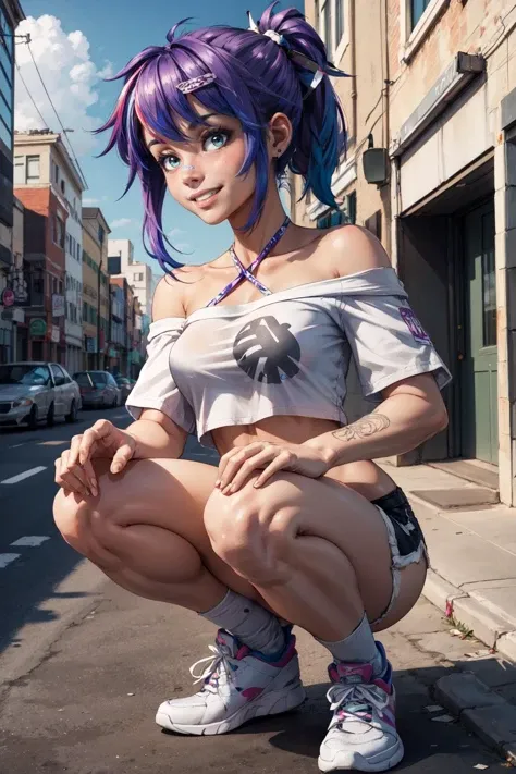 (masterpiece, best quality, 4k, detailed, intricate, realistic),outside,street,slav squatting1girl, ProjektMelodyOriginal, bandaid on nose, short hair, ponytail, hair ribbon, hairclip, medium breasts,halterneck, strapless, white shirt, print shirt, off-shoulder shirt, crop top, short sleeves, micro shorts, white shorts, white sneakers,grin <lora:ProjektMelodyOriginal_V1-Manityro:0.8>